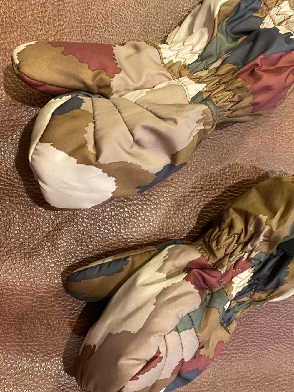 Patagonia Camo-Pattern Quilted Mittens in Olive, Rust, and Tan